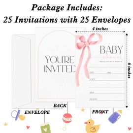 Gsauto Baby Shower Invitations for Girl, Bowknot Invitation Cards for Party Favor Decorations, 25 Pink Bow Double-Sided Gender Reveal Invites with Envelopes -A05