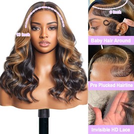 KinMos 13x6 Ombre Highlight Lace Front Wig Human Hair Bob Wig Human Hair 200% Density HD Body Wave Lace Front Wigs Human Hair Glueless Frontal Wig Pre Plucked Bob Wigs for Women FB/30 18 Inch