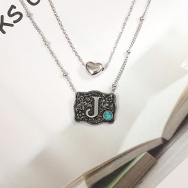 MANZHEN Belt Buckle Bracelet Initial Letter A-Z Bracelets Western Cow Tag Bracelet Belt Buckle Necklace Western Style Initial Letter Pendant Necklace (Necklace, J)