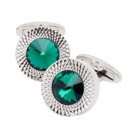 Jonwo Round Crystal Silver Cufflinks for Men With Gift Box Green/Blue/Colorful Crystals Men's Cuff Link Set for Wedding Shirt Party Business Birthday Anniversary Dress (Green Crystal)