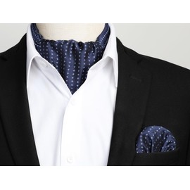HISDERN Navy Blue Cravats for Men Silk Elegant Cravat and Handkerchief Ascot Tie & Pocket Square Set for Wedding Party Business