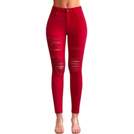 roswear Women's Essentials Ripped Mid Rise Destroyed Skinny Jeans Red Medium