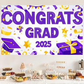 BlissYard Graduation Banner 2025 Congrats Grad for Party Decor Graduation Backdrop Congratulations Banner Purple and Yellow Congrats Grad Theme 71x43 Inches Perfect for Events and Celebrations