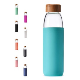 veegoal 18 Oz Borosilicate Glass Water Bottles with Bamboo Lid, BPA-FREE, Non-Slip Silicone Sleeve, and Stainless Steel Leak Proof Lid - Reusable Glass Bottle for Men and Women