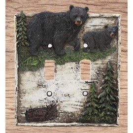 Ebros Set of 2 Novelty Woodland Rustic Pine Trees Forest Black Mother Bear with Cub Electrical Wall Light Cover Plate Hand Painted Resin Home Decor Accessory 2 Piece Pack (Double Toggle Switch)
