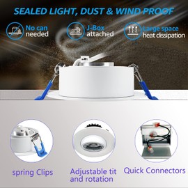 GWEUZMALL Waterproof recessed Shower Light,3 inch COB Ultra-Thin 9W with Junction Box,3 Colors Adjustable,Suitable for Bathroom,Parlor,Bedroom,Kitchen,Balcony