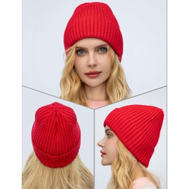 Satin Lined Wool Beanie Hat for Women Men Winter Cold, Warm Knit Fashion Cuffed Beanie Skull Cap Watch Cap, Red