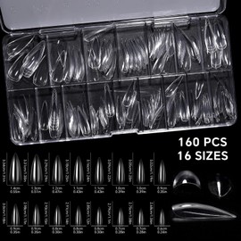 KADS 160Pcs Deep C Curve Full Cover 16 Sizes Nail Tips Clear Pre-Built False Nail Extension Thick Sculpted Acrylic Nail Tip for Flat Nails Deep Curve, Stiletto