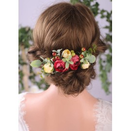 Anglacesmade - Peine para novia con flor de eucalipto, color burdeos, rojo oscuro, amarillo, para primavera, boda, fotografía, novia, dama de honor, flores, accesorios para el pelo