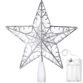 Christmas Star Tree Topper Ornament GlitterTree Topper with 20 LED Lights Xmas Tree Topper Reflector Star Treetop Lighted Treetop Christmas Tree Decorations Christmas Plastic Star Ornament (Silver)