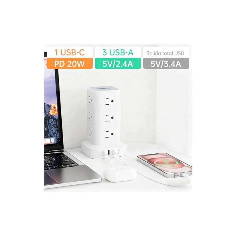 SMALLRT Regleta Torre Multicontacto, Extension Electrica USB C, Conector Multiple