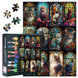 Cats on Stained Glass Jigsaws 1000 Pieces for Adults Cat Puzzles for Birthday Gift Intelligence Collection of Cats on Stained Glass Puzzle for Family Indoor Games Home Decoration 27.5"X19.7"