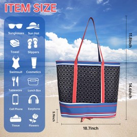 Large Beach Tote with Zipper - Lightweight Mesh Bag for Women, Beach/Picnic/Travel, Detachable Pouch, 18.7”x14.6” (Black)