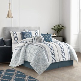 TRP 7 Piece Bed-in-Bag Set Pretty Intricated Embroidered Vertical Strips Luxury Comforter Set Cal.King Size | All Seasons Aesthetic Bedding White Blue Grey Color Soft Cozy Rich Farmhouse Look