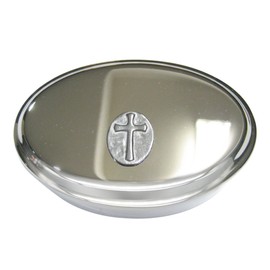 Kiola Designs Silver Toned Oval Religious Cross Oval Trinket Jewelry Box