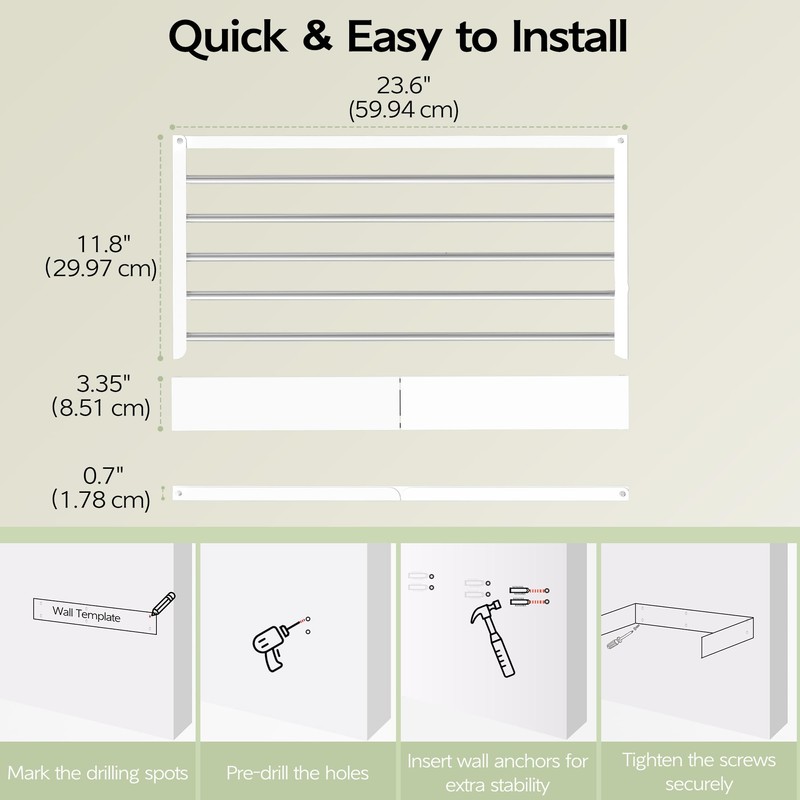 Vikaqi Wall Mounted Clothes Drying Rack 23.6", Foldable Wall Mount