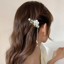 Flower Hair Clips for Women Trendy White Magnolia Flower Hair Barrettes Vintage Pearl Tassel Hair Clips Wedding Birthday Mother's Day Hair Decoration