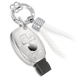 Coverforkeyfor Mercedes Key Fob Cover with Fashion Braided Keychain, Enchanting Diamond Patterns Soft Case for A C E G S Class CLA/K/S GL/A/C/E/K/S GT SL/C/K/S (White, A)