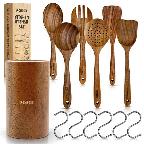 Pohex Teak Wood 12 Piece Kitchen Utensil Set with Wooden