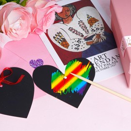 Yymobt 30 Set Scratch Paper Hearts Valentine Crafts Scratch Paper Ornament DIY Colorful Heart Stickers Round Diamond Stickers Heart Scratch Paper Card Red Ribbon Wooden Pens Valentine’s Day Gifts