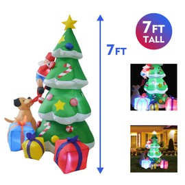GOOSH 7 Feet Christmas Outdoor Decorations Inflatable Tree Claus Climbing on Christmas Tree Chased by Dog and Giftbox Decoration Christmas Inflatable Tree