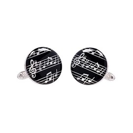 Music Note Cufflinks - A Pair of Black Round Shirt Cufflinks with Musical Notes Presented in Cufflink Gift Box