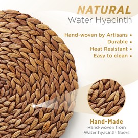 (Sizes: 12"-13"-14") BLUEWEST Woven Placemats, Brown Round Rattan Placemats Set of 6, Wicker Water Hyacinth Placemats, Braided Placemats, Heat Resistant/Anti-Slip for Dining Table (14" - Set of 6)