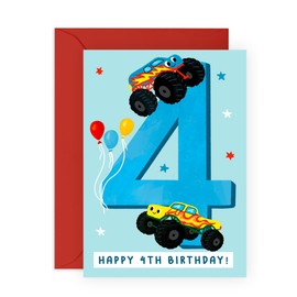 4th Birthday Card for Boys – Monster Truck Design – Fun and Colourful Card Gifts for Kids, Son, Nephew, Grandson, Children, Little Ones from Mum, Dad, Family– Turning 4 Years Old- Comes with Stickers
