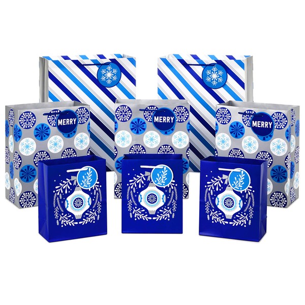 Hallmark Holiday Gift Bag Assortment, Blue and Silver (Pack of 8 Gift Bags; 3 Small 6", 3 Medium 9", 2 Large 13") Ornaments, Snowflakes, Stripes