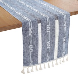 Bigqin Boho Table Runner with Tassels, 183x33cm/72 x13 Table Decoration, Linen Beige Table Runner Tablecloth for Home Wedding Decoration, Blue