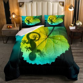 Feelyou Gecko Print Comforter Animal Bedding Set Green Leaf Comforter Set for Boys Girls Teens Decor Nature Duvet Set Twin Size Boys