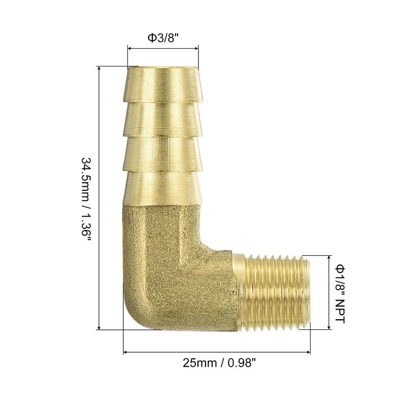 sourcing map Brass Hose Barbed Elbow Fitting 2pcs 3/8" Barbx1/8