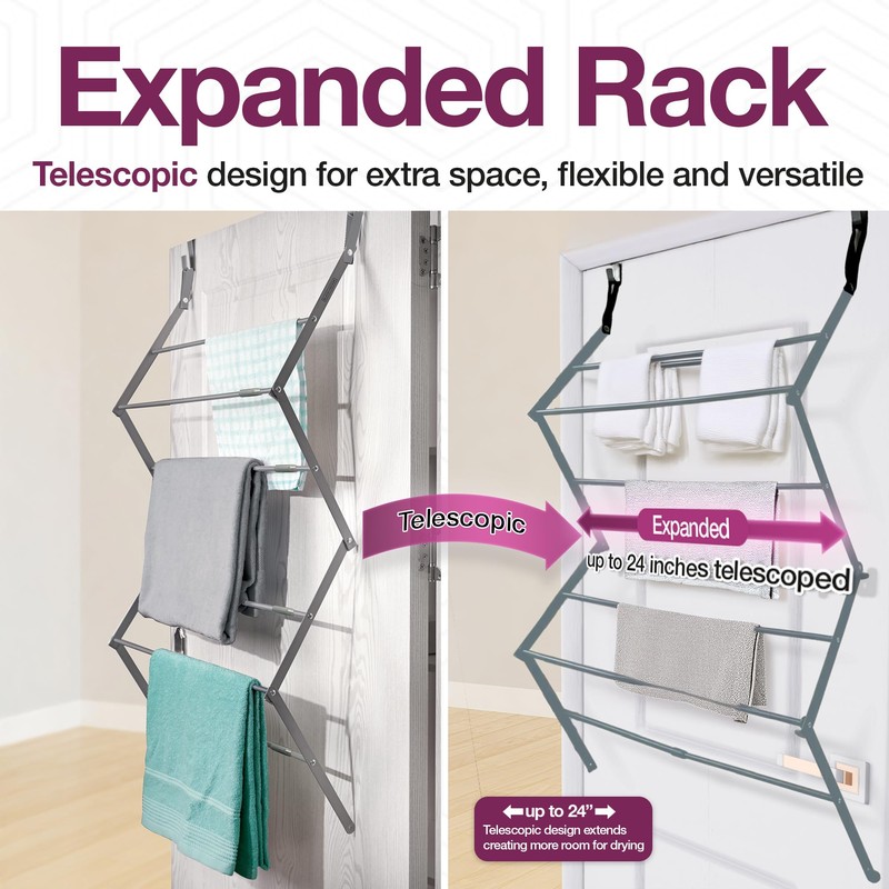 BLACK+DECKER Over The Door Expandable Telescopic Drying Rack, Clothes Organizer,