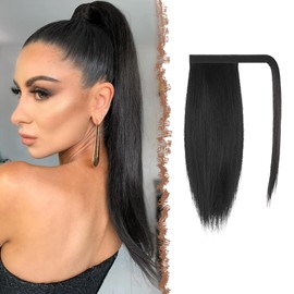 FESHFEN Straight Ponytail Extension 14 inch Natural Long Ponytails Wrap Around Clip in Pony Tail Hair Piece Synthetic Hairpieces for Women, Natural Black