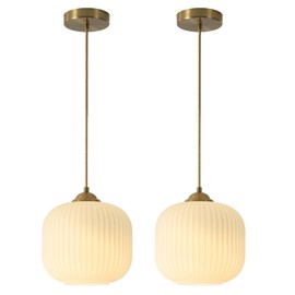KCO Lighting Mid Century Modern Gold White Pendant Light Antique Brass Milk Glass Pendant Lighting 1-Light Single Globe Pendant Lights Kitchen Island for Dining Room Living Room (2-Pack)