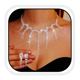 Evlry Rhinestone Jewelry Set Wedding Bridal Necklace and Earrings Sets Prom Costume Jewelry for Women and Brides (Silver)