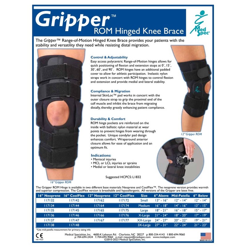 MedSpec Gripper™ 12" Hinged Knee Brace, Neoprene ROM - Small
