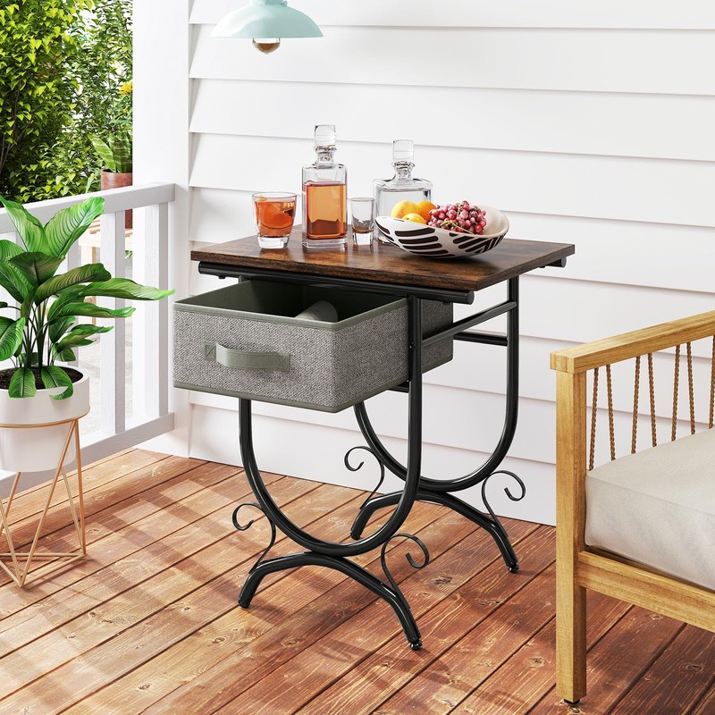 Tangkula Nightstand with Fabric Drawer, Industrial 2-Tier Bedside Table with