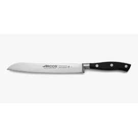 Arcos Coltello per Pane 8 pollici in Acciaio Inossidabile, Coltello da Cucina Dentato per Tagliare Pane e Torta, Manico Ergonomico in Poliossimetilene e Lama da 200 mm, Serie Riviera, Colore Nero