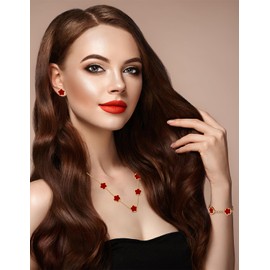 JIEMUCHU 14K Gold Plated Stainless Steel Four Leaf Clover Bracelet, Necklace and Stud Jewelry Set for Women (Dark Red-Gold Plated)