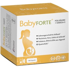 BABYFORTE® Folic Acid + Vegan Omega-3 | Without Fish Oil | 18 Pregnancy Vitamins + Quatrefolic® | 180 Capsules | Trimester - Box