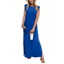 GRECERELLE Womens Summer Casual Crew Neck Split Beach Long Maxi Dress with Pockets (Large, Royal Blue)