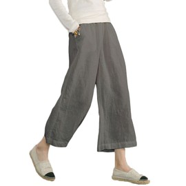 ECUPPER Womens Linen Cropped Pants Loose Casual Capri Cotton Wide Leg Plus Size Elastic Waist with Drawstring Trouses Grey 4XL