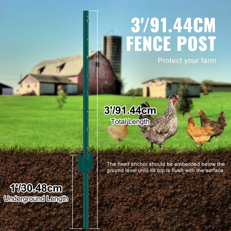 3 Feet Heavy-Duty Green Metal Fence Posts 10-Pack T-Post for