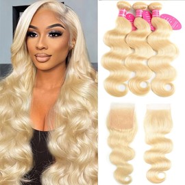 613 Blonde Body Wave Bundles with Closure 100% Unprocessed Blonde Human Hair Body Wave 3 Bundles with 4X4 Transparent Swiss Free Part Lace Closure