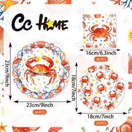 CC HOME Crab Birthday Paper Plates Napkins Starfish Shell Conch Disposable Tableware Set Party Supplies Underwater World Theme Dinnerware Sets Serves 24 Guests for Party Plates Napkins 88PCS