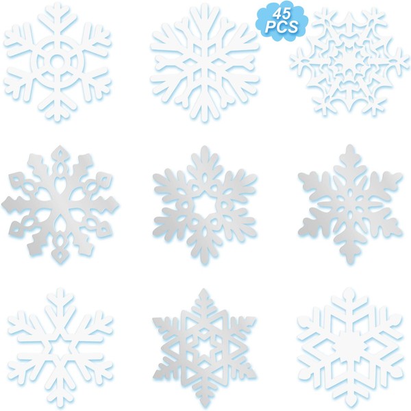 Zonon Snowflake Cutouts Decorations, Winter Christmas Snowflake Paper Cutouts with Glue Point Dots for Bulletin Board Frozen Party Home Class Office Decor Accessories (Silver, White, 45 Pieces)