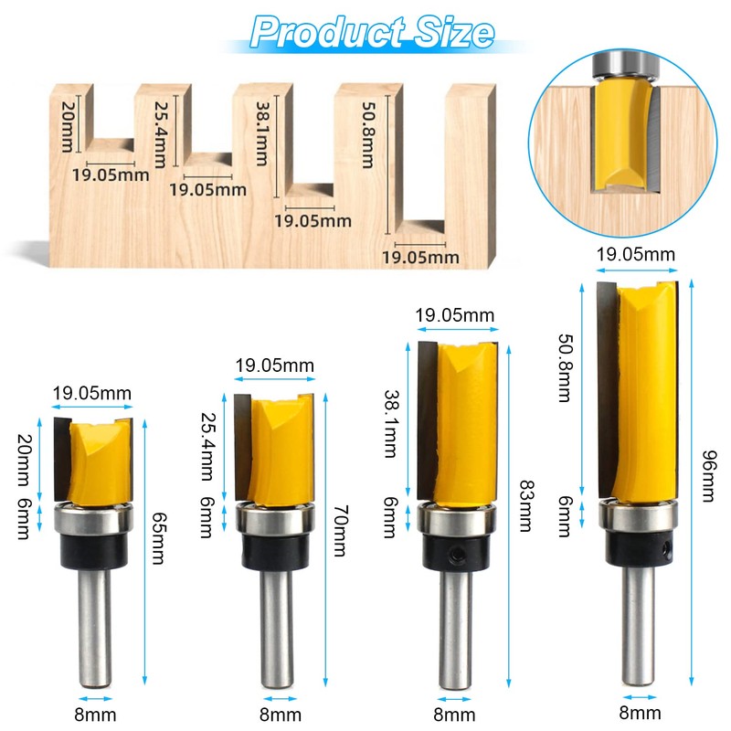 Pack of 4 8 mm Flush Cutter Shank Milling Cutter