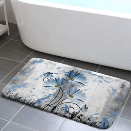 Rustic Farmhouse Bath Rug, Farm Blue Grey Daisy Floral Flowers and Butterfly on Country Wooden Bath Mat, Gray White Navy Blue Kitchen Rug Floor Mat Soft Non Slip Runner Carpet Indoor Doormat 17X29IN