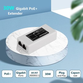 SinLoon Gigabit POE Extender 100/1000Mbps 30W RJ45 1 to 2 Wall Mounted POE Repeater/Injector/Network Extender Three in One